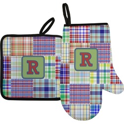 Blue Madras Plaid Print Right Oven Mitt & Pot Holder Set w/ Initial