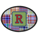 Blue Madras Plaid Print Iron On Oval Patch w/ Initial