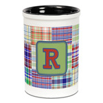 Blue Madras Plaid Print Ceramic Pencil Holders - Black