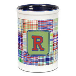 Blue Madras Plaid Print Ceramic Pencil Holders - Blue