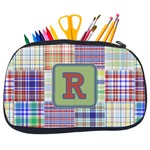 Blue Madras Plaid Print Neoprene Pencil Case - Medium w/ Initial