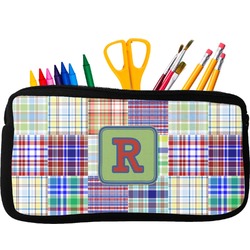 Blue Madras Plaid Print Neoprene Pencil Case (Personalized)