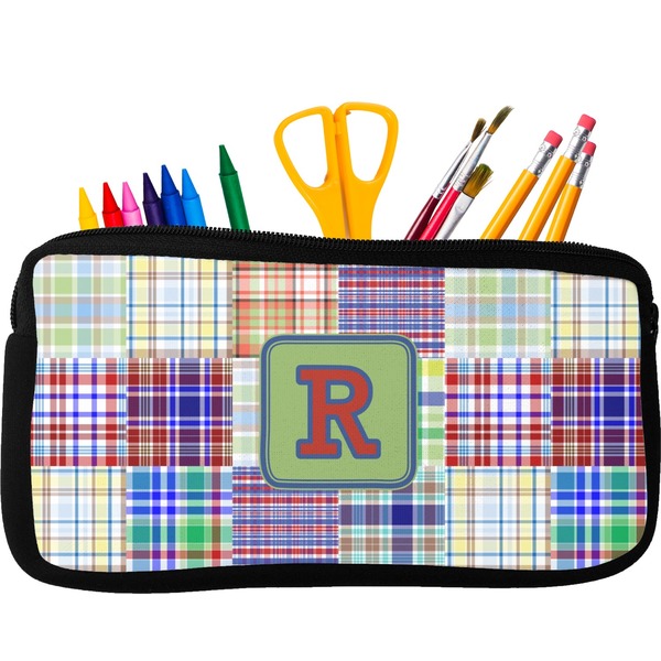 Custom Blue Madras Plaid Print Neoprene Pencil Case - Small w/ Initial