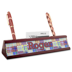 Blue Madras Plaid Print Red Mahogany Nameplate with Business Card Holder (Personalized)