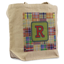 Blue Madras Plaid Print Reusable Cotton Grocery Bag (Personalized)