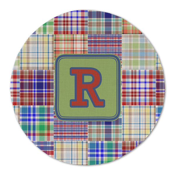 Custom Blue Madras Plaid Print Round Linen Placemat - Single Sided (Personalized)