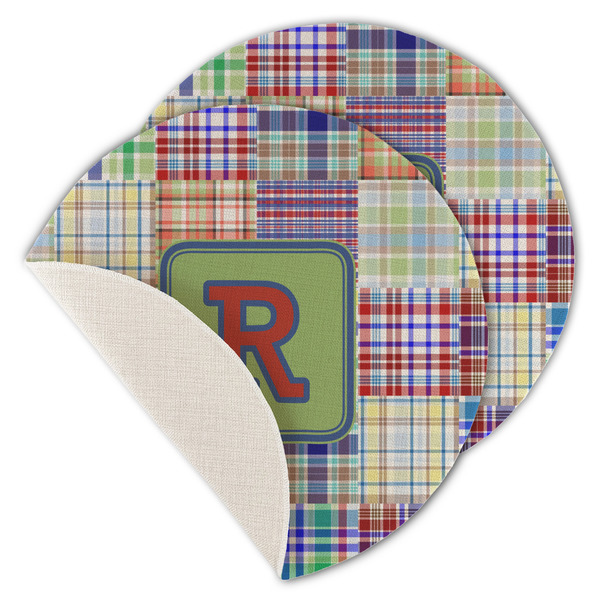 Custom Blue Madras Plaid Print Round Linen Placemat - Single Sided - Set of 4 (Personalized)