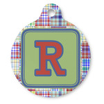 Blue Madras Plaid Print Round Pet ID Tag (Personalized)