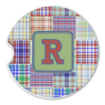 Blue Madras Plaid Print Sandstone Car Coaster - Single (Personalized)