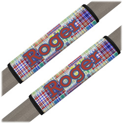 Blue Madras Plaid Print Seat Belt Covers (Set of 2) (Personalized)
