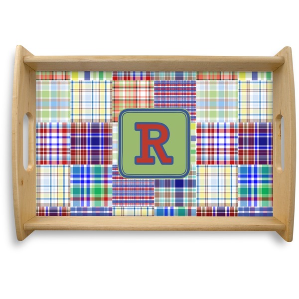 Custom Blue Madras Plaid Print Natural Wooden Tray - Small (Personalized)