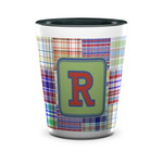 Blue Madras Plaid Print Ceramic Shot Glass - 1.5 oz - Two Tone - Set of 4 (Personalized)