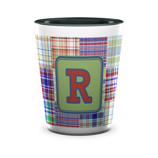 Custom Blue Madras Plaid Print Ceramic Shot Glass - 1.5 oz - Two Tone - Set of 4 (Personalized)