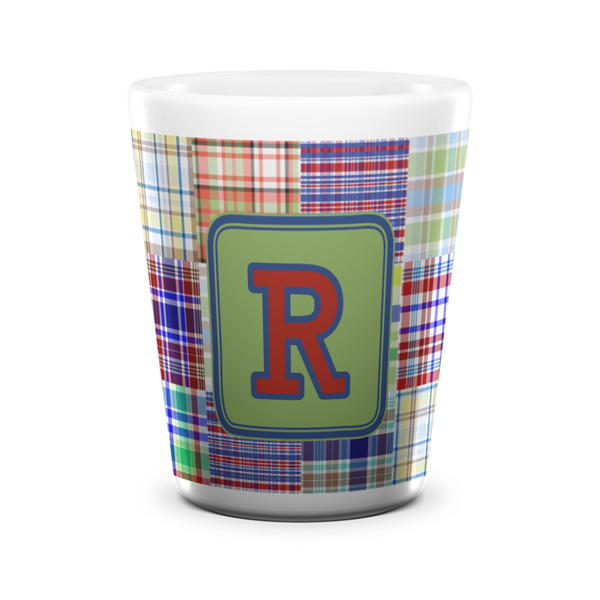 Custom Blue Madras Plaid Print Ceramic Shot Glass - 1.5 oz - White - Single (Personalized)