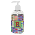 Blue Madras Plaid Print Plastic Soap / Lotion Dispenser (8 oz - Small - White) (Personalized)