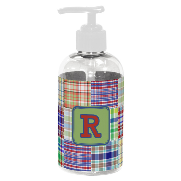 Custom Blue Madras Plaid Print Plastic Soap / Lotion Dispenser (8 oz - Small - White) (Personalized)