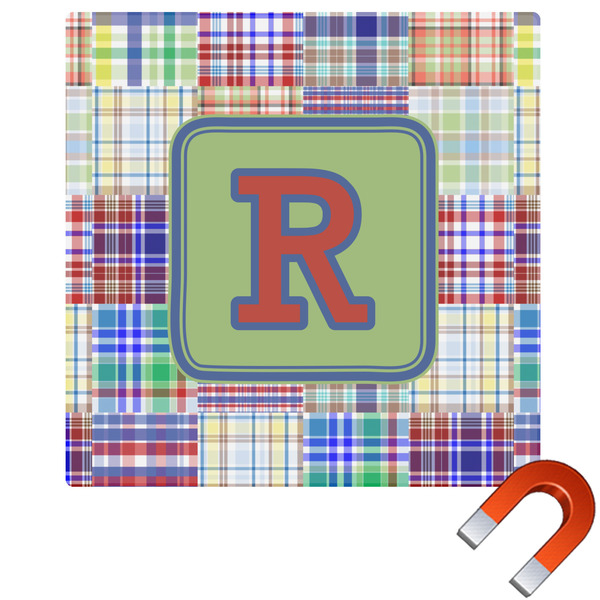 Custom Blue Madras Plaid Print Square Car Magnet - 6" (Personalized)