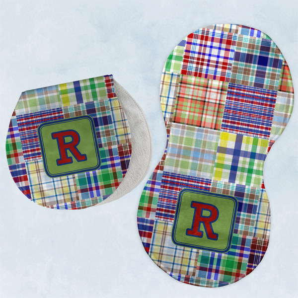 Custom Blue Madras Plaid Print Burp Pads - Velour - Set of 2 w/ Initial