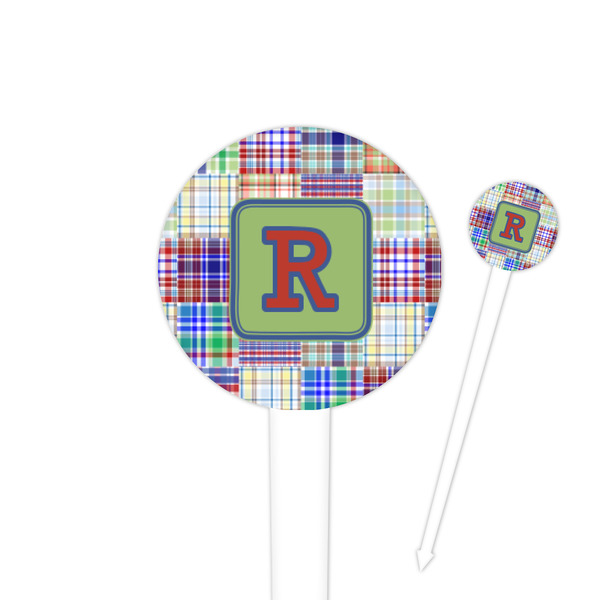 Custom Blue Madras Plaid Print 4" Round Plastic Food Picks - White - Single Sided (Personalized)