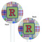 Blue Madras Plaid Print White Plastic 5.5" Stir Stick - Double Sided - Round - Front & Back