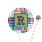 Blue Madras Plaid Print 5.5" Round Plastic Stir Sticks - White - Double Sided (Personalized)