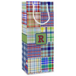 Blue Madras Plaid Print Wine Gift Bags - Gloss (Personalized)