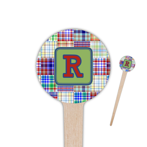 Custom Blue Madras Plaid Print 4" Round Wooden Food Picks - Double Sided (Personalized)