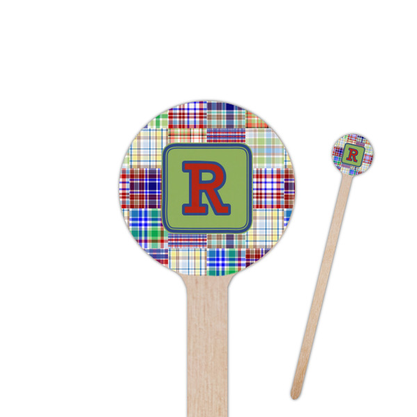 Custom Blue Madras Plaid Print 6" Round Wooden Stir Sticks - Double Sided (Personalized)