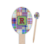 Blue Madras Plaid Print Oval Wooden Food Picks - Single Sided (Personalized)