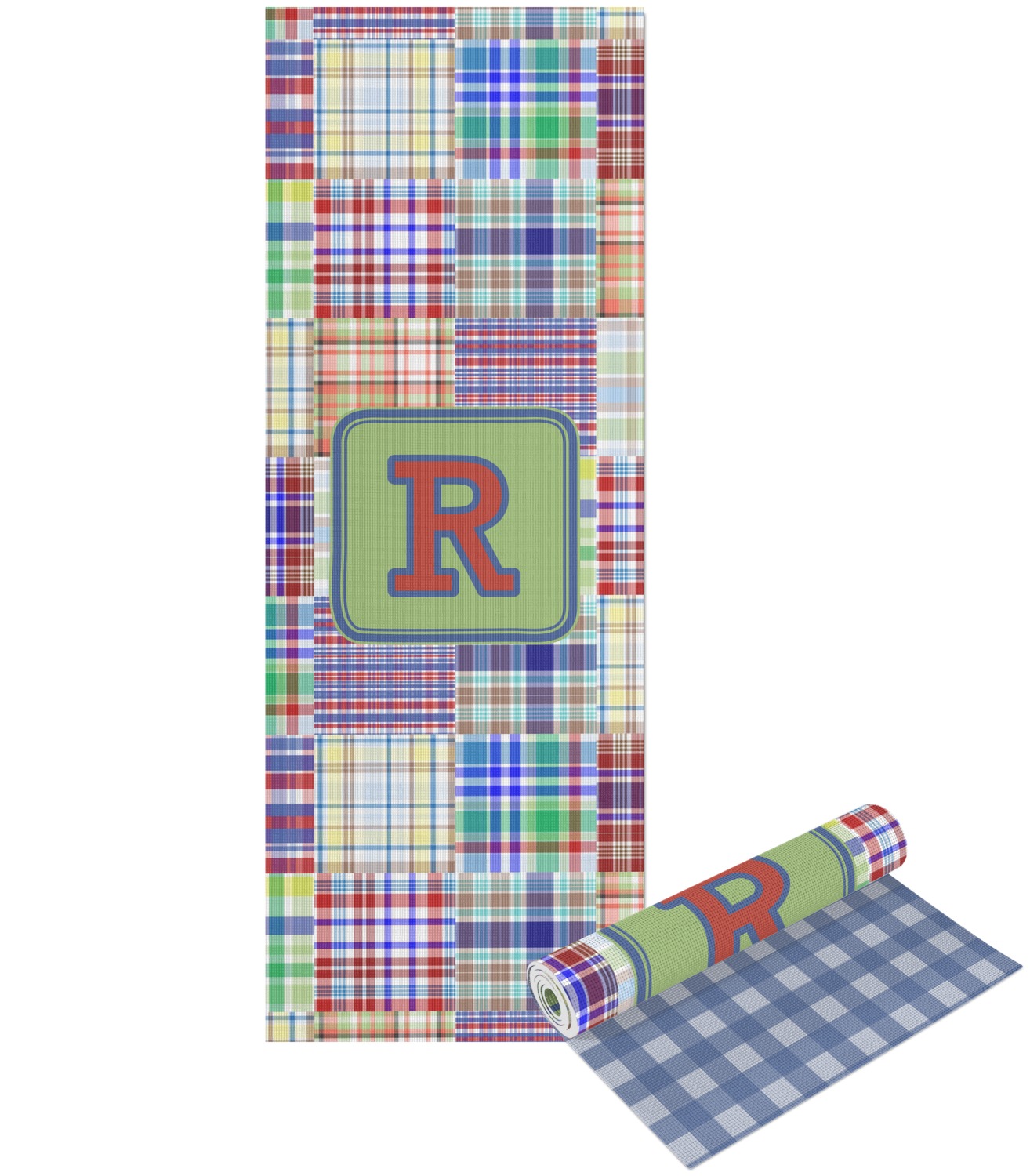 Blue Madras Plaid Print Yoga Mat Printable Front and Back