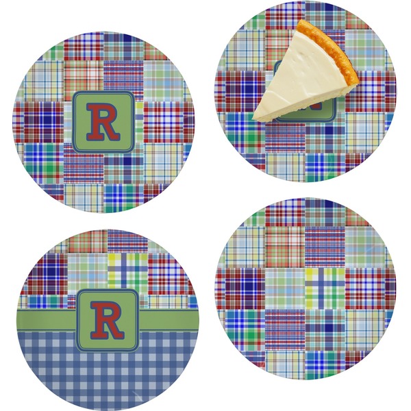 Custom Blue Madras Plaid Print Set of 4 Glass Appetizer / Dessert Plate 8" (Personalized)