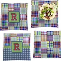 Blue Madras Plaid Print Set of 4 Glass Square Lunch / Dinner Plate 9.5" (Personalized)