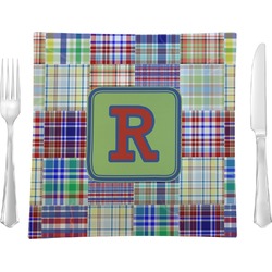 Blue Madras Plaid Print Glass Square Lunch / Dinner Plate 9.5" (Personalized)