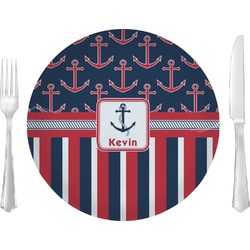 Nautical Anchors & Stripes Glass Lunch / Dinner Plate 10" (Personalized)