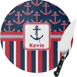 Nautical Anchors & Stripes Round Glass Cutting Board - Medium (Personalized)