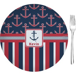 Nautical Anchors & Stripes Glass Appetizer / Dessert Plate 8" (Personalized)
