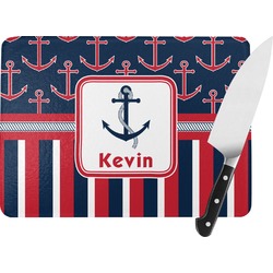 Nautical Anchors & Stripes Rectangular Glass Cutting Board - Large - 15.25"x11.25" w/ Name or Text