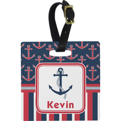 Nautical Anchors & Stripes Plastic Luggage Tag - Square w/ Name or Text