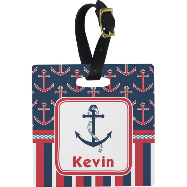 Custom Nautical Anchors & Stripes Plastic Luggage Tag - Square w/ Name or Text