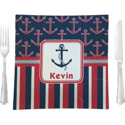 Nautical Anchors & Stripes Glass Square Lunch / Dinner Plate 9.5" (Personalized)