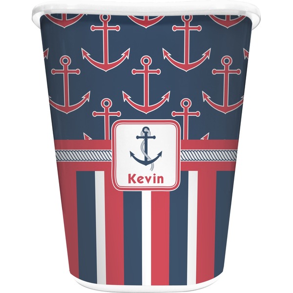 Custom Nautical Anchors & Stripes Waste Basket - Single Sided (White) (Personalized)