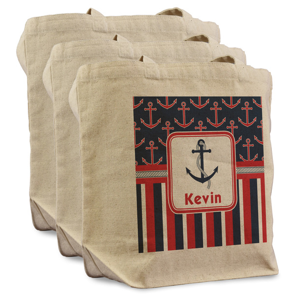 Custom Nautical Anchors & Stripes Reusable Cotton Grocery Bags - Set of 3 (Personalized)