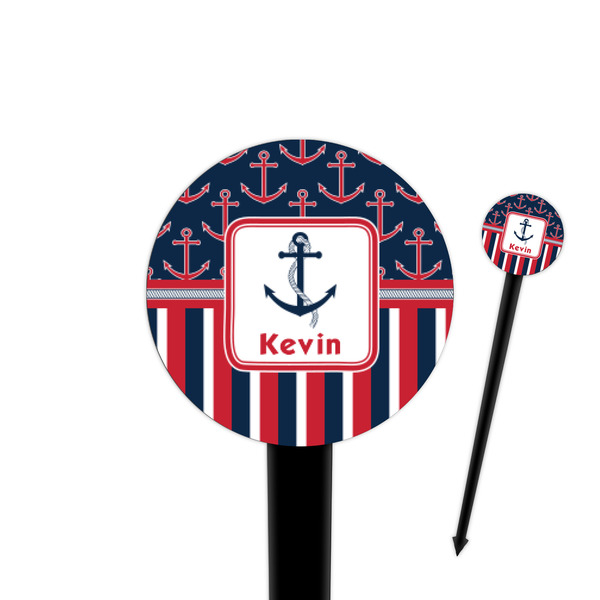 Custom Nautical Anchors & Stripes 4" Round Plastic Food Picks - Black - Single Sided (Personalized)