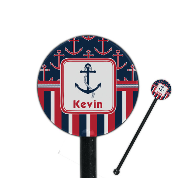 Custom Nautical Anchors & Stripes 5.5" Round Plastic Stir Sticks - Black - Double Sided (Personalized)