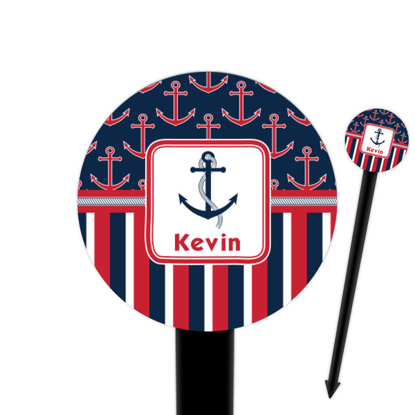 Custom Nautical Anchors & Stripes 6" Round Plastic Food Picks - Black - Double Sided (Personalized)