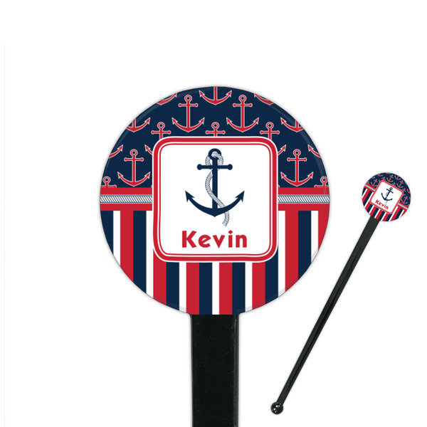 Custom Nautical Anchors & Stripes 7" Round Plastic Stir Sticks - Black - Double Sided (Personalized)