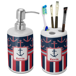 Nautical Anchors & Stripes Ceramic Bathroom Accessories Set (Personalized)