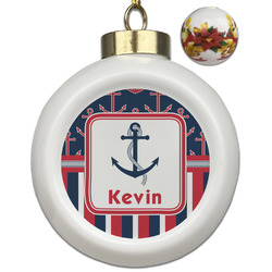 Nautical Anchors & Stripes Ceramic Ball Ornaments - Poinsettia Garland (Personalized)