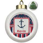 Nautical Anchors & Stripes Ceramic Ball Ornament - Christmas Tree (Personalized)