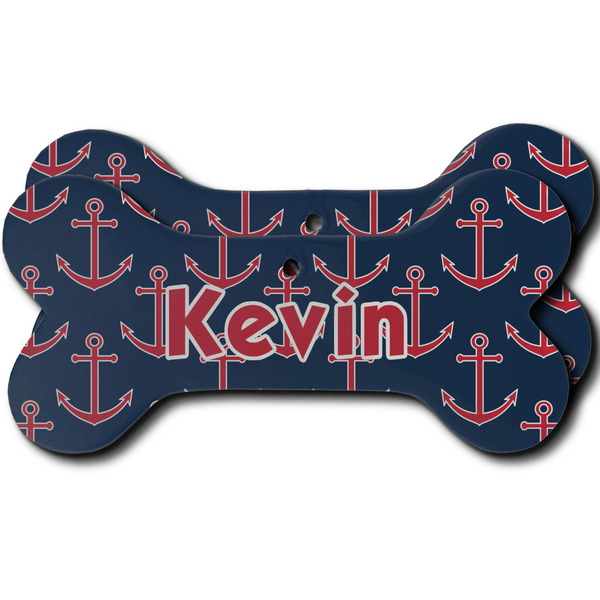 Custom Nautical Anchors & Stripes Ceramic Dog Ornament - Front & Back w/ Name or Text